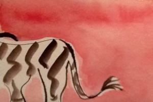 Zebra Exits, with Dignity. India ink, watercolor.